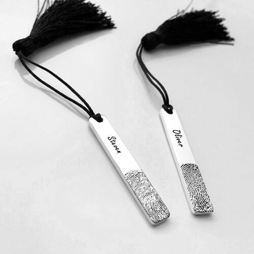 Made to order personalised sterling silver fingerprints engraved bookmark with name and tassels for schools no minimum suppliers and manufacturers